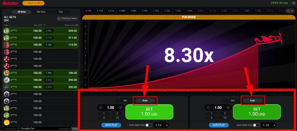 Панель автоматичних ставок у грі Авіатор