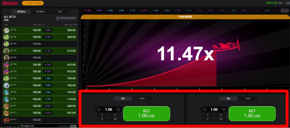 Панель ставок у грі Авіатор